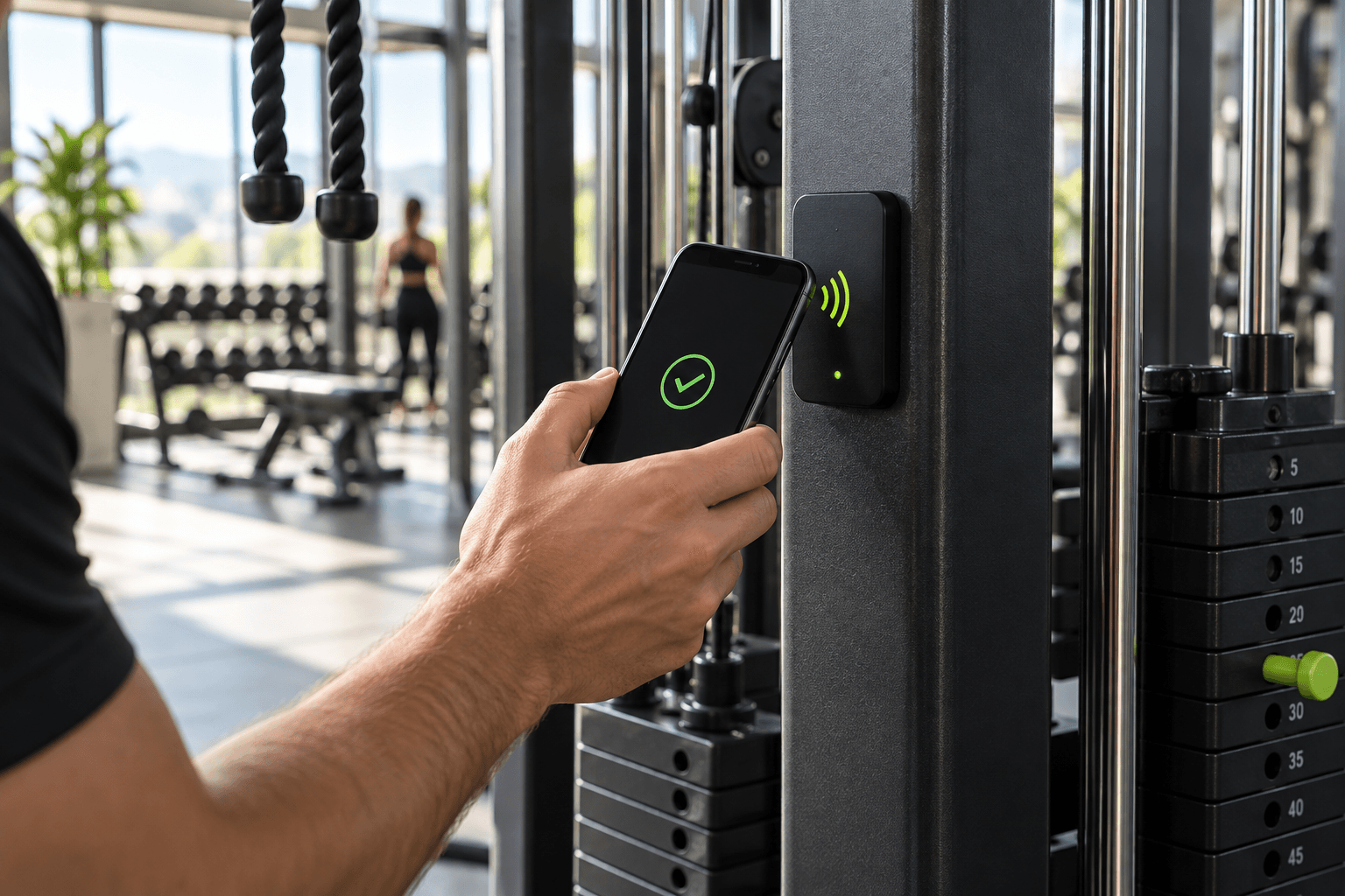 Concept: a phone tapping an NFC reader on a gym cable machine to access reserved equipment